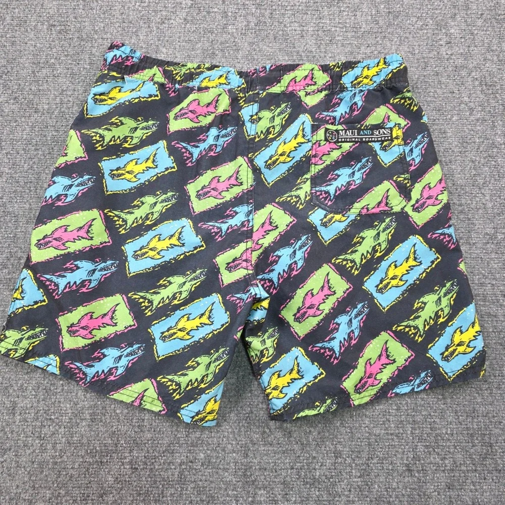Maui and Sons Shark Board Shorts Swim Trunks 90s Vintage Neon Mens‎ L